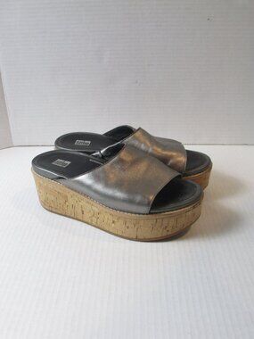 FitFlop Eloise Metallic Pewter Cork Platform Slides Sandals Womens Size 6 US